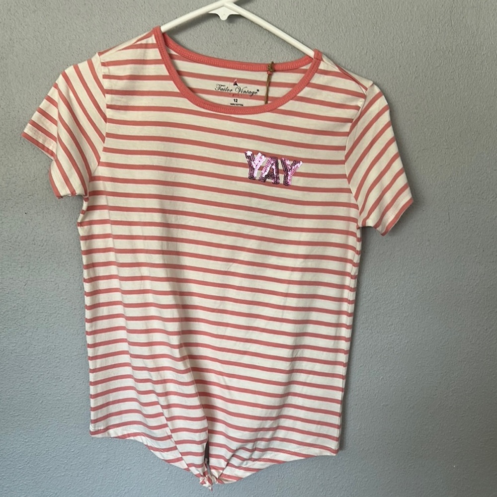 Girls Pink and White Striped Tee with Sequin 'YAY' Detail Size 12